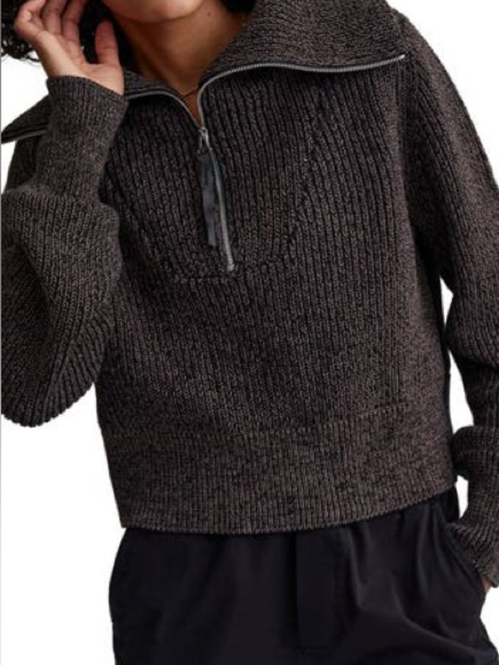 Varley Brown Ribbed Half-Zip Cowl Sweater